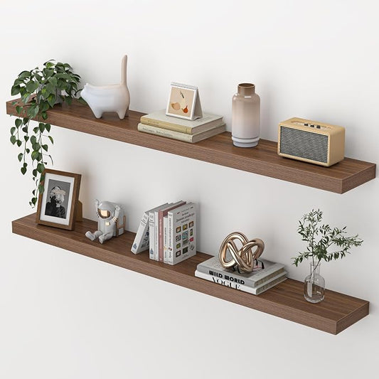 Heimlove 48 Inch Floating Shelves for Wall,Extra Long Wood Shelves Mounted Storage Hanging Shelf Invisible Bracket for Bedroom,Living Room,Kitchen,Office,Set of 2,Walnut Color