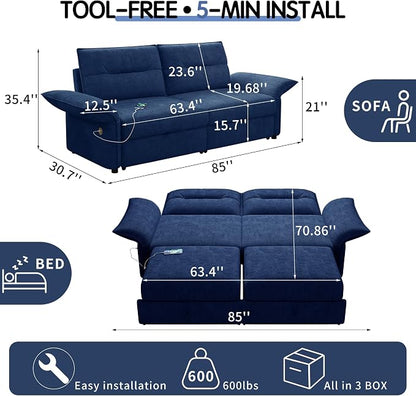 85" Pull Out Sofa Bed Full Size, Pre-Assembled Flannel Sleeper Sofa, Convertible Loveseat Futon Couch, Adjustable Armrest with USB, Pillows, for Apartment, Living Room, Small Spaces, Blue