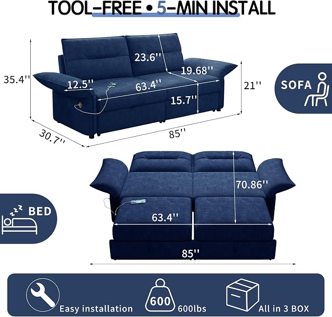 85'' Sofa Bed Full, Assembly, 3 in 1 Sleeper Sofa Beds, Flannel Pull Out Couch for Living Room, Charging & Adjustable Armrest, Comfy Loveseat for Small Space, Flannel Blue