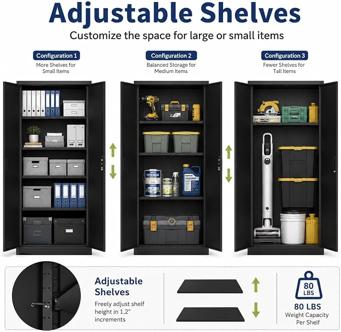 71" Black Metal Storage Cabinet with Lock & Adjustable Shelves - Heavy Duty Garage, Pantry & Office Cabinet with Adjustable Feet, 4 Shelves & Doors for Home Organization