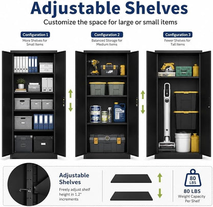 71" Black Metal Storage Cabinet with Lock & Adjustable Shelves - Heavy Duty Garage, Pantry & Office Cabinet with Adjustable Feet, 4 Shelves & Doors for Home Organization