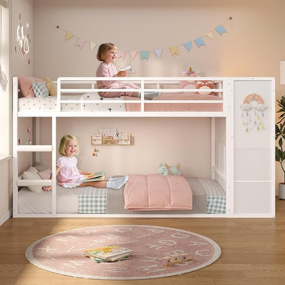 BTHFST Bunk Bed Twin Over Twin with 6 Large Fabric Drawers & 4 Wooden Storage Bookshelf Organizer, Metal Low Bunk Bed for Kids with LED Lights & Safety Ladder and Guardrail, Space Saving