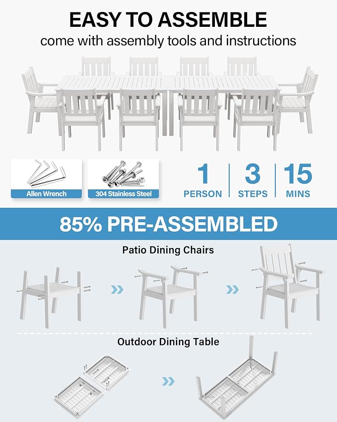YEFU Outdoor Patio Dining Sets: All Weather 12 Piece Dining Table Set for 10 with Umbrella Hole & Aluminum Frame - Outdoor Furniture 2 Table and 10 Chairs for Outside Backyard/Porch/Deck White