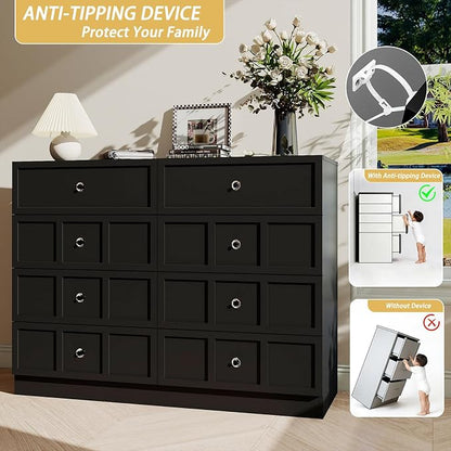 8 Drawer Dresser for Bedroom: 47" Black Chest of Drawers with Deep Drawers, Tall Modern Dresser with Storage, Fluted Wood Dressers for Bedroom, Living Room