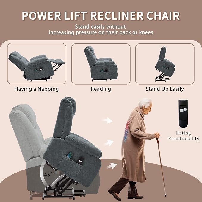 Korser Oversized Power Lift Recliner for Elderly, Electric Recliner Chairs with Massage and Heat, Extra Wide Recliner with Side Pockets, Reclining Chair for Living Room (Cashmere, Grey)