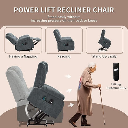Korser Oversized Power Lift Recliner for Elderly, Electric Recliner Chairs with Massage and Heat, Extra Wide Recliner with Side Pockets, Reclining Chair for Living Room (Cashmere, Grey)