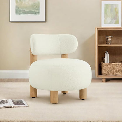 Modern Boucle Accent Chair Set of 2, with Plush Faux Sherpa Upholstery, Curved Backrest, Solid Wood Legs for Living Room Bedroom Reading Nook, 27.5", White