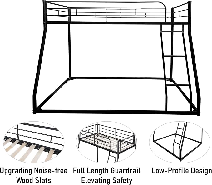 EMKK Low Metal Bunk Beds Twin Over Full Size, Heavy Duty Bunk Bed for Teens Adults with Ladder & High Guardrails, Space Saving Metal Bunk Bed for Dorm, Bedroom, Apartment, No Box Spring Needed