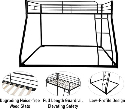 EMKK Low Metal Bunk Beds Twin Over Full Size, Heavy Duty Bunk Bed for Teens Adults with Ladder & High Guardrails, Space Saving Metal Bunk Bed for Dorm, Bedroom, Apartment, No Box Spring Needed