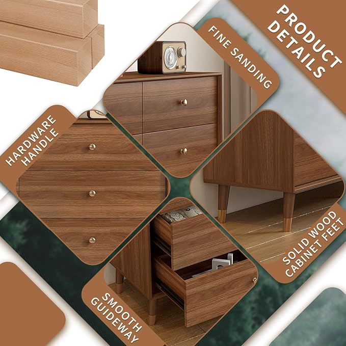 6 Drawer Dresser For Bedroom, 2 PCS 47 Inch Dresser for Closet with Walnut Frame, Modern Wood Chest of Drawers with Natural Texture & Pre-Embedded Slots For TV Stand, Living Room, Hallway, Office