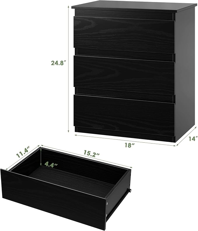 Bamjoy Black Nightstand with 3 Drawers, Beside Table with Drawers for Bedroom, Small Side Table Storage Cabinet 3 Drawer Night Stand for Home Office, 18.0W x 14.0D x 24.8H Inches