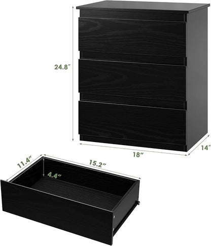 Bamjoy Black Nightstand with 3 Drawers, Beside Table with Drawers for Bedroom, Small Side Table Storage Cabinet 3 Drawer Night Stand for Home Office, 18.0W x 14.0D x 24.8H Inches