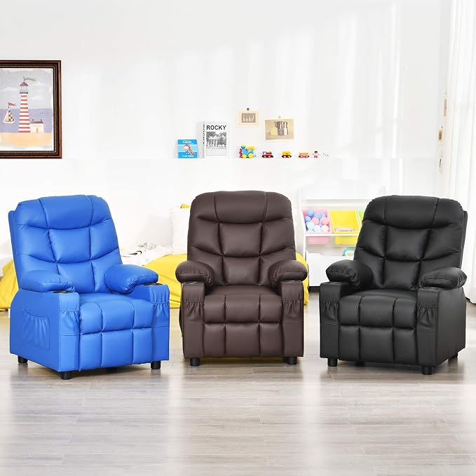 Costzon Kids Recliner Chair with Cup Holder, Adjustable Leather Lounge Chair w/Footrest & Side Pockets for Children Boys Girls Room, Ergonomic Toddler Furniture Sofa, Kids Recliner (Black)