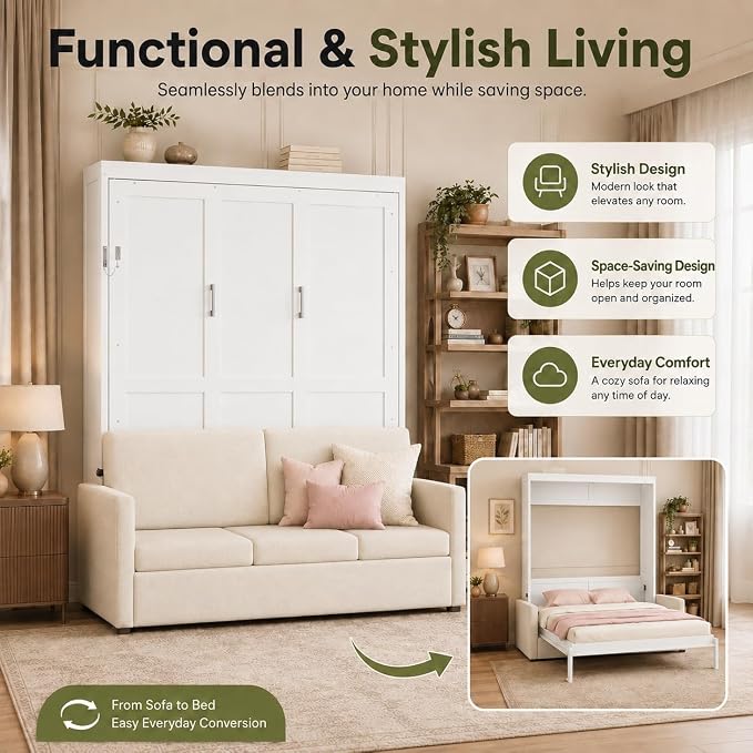 Queen Murphy Bed with Couch, Space Saving Wall Bed Cabinet Bed with Sofa and Storage, Folding Wall Bed with Dual Piston Metal Mechanism, Hide Away Bed for Studio, Small Apartment, Guest Room(White 4)