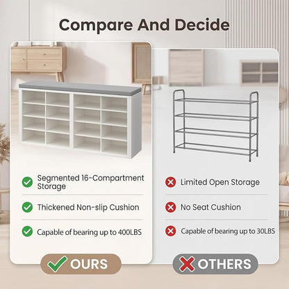 Shoe Rack Bench, Shoe Storage Bench with Cushion, Shoe Organizer 16 Cubbies for Entryway Hallway Bedroom Living Room, Holds Up to 400lbs