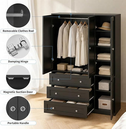 Garvee 71" Storage Cabinet Closet with 3 Drawers, Large Modern Storage Cabinet, 4 Door Wooden Bedroom Cabinet with Shelves, Black