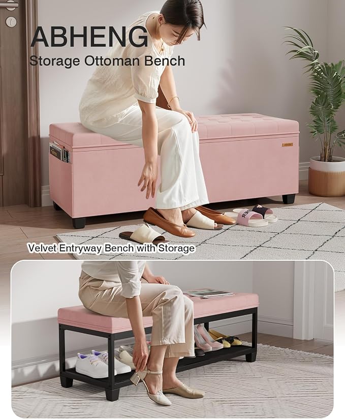 ABHENG Velvet Storage Ottoman Bench with Legs - 770 lb Capacity, 15.7"L x 43"W x 15.7"H for Bedroom, Living Room, Entryway - Jelly Pink