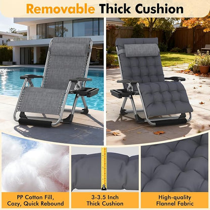 Slendor Oversized Zero Gravity Chair XXL, 33IN Outdoor Recliner Chair w/Removable Cushion&Headrest, Camping Lounge Chair w/Upgraded Lock&Footrest, Reclining Patio Chairs, Support 500lbs, Dark Gray