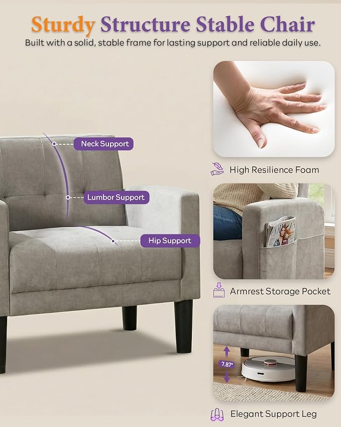 TYBOATLE Accent Chair Living Room Chairs Cozy Tufted Mid Century Modern Accent Chairs with Arms for Bedroom Comfy Reading Arm Chair Small Chairs for Small Spaces Living Room Office (1, Light Grey)
