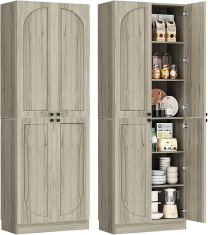 Cyclysio 80" Kitchen Pantry, Extra Tall Arch Storage Cabinet with 4 Soft Close Doors and Adjustable Shelves, Freestanding Wood Cupboard with Seamless Fit Wall for Dining Living Room Bathroom Furniture