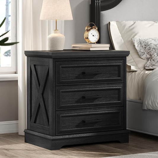 knoworld 24 Inch Wide Farmhouse Nightstands with Charging Station, Dark Gray Nightstand with 3 Large Drawers, Rustic Wood End Table for Bedroom