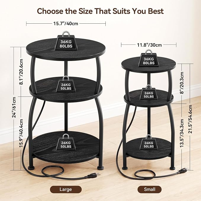 Round Side Table with Power Outlet & USB Ports, 3-Tier End Table with Storage Shelf, 15.7" Wide Nightstand for Small Spaces, Tall Bedside Table Capable of Charging Laptops & Phones, Black