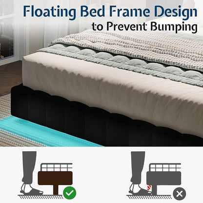Jocisland King Size Bed Frame with 100" Wide Upholstered Headboard, Modern Velvet Floating Platform with LED Lights Underneath, No Box Spring Needed, Black
