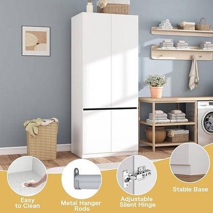 White Armoire Wardrobe Closet: 74" Wooden Wardrobe Closet with 2 Doors, Bedroom Armoires with Hanging Rod, Tall Closets Cabinet for Hanging Clothes (31.5")