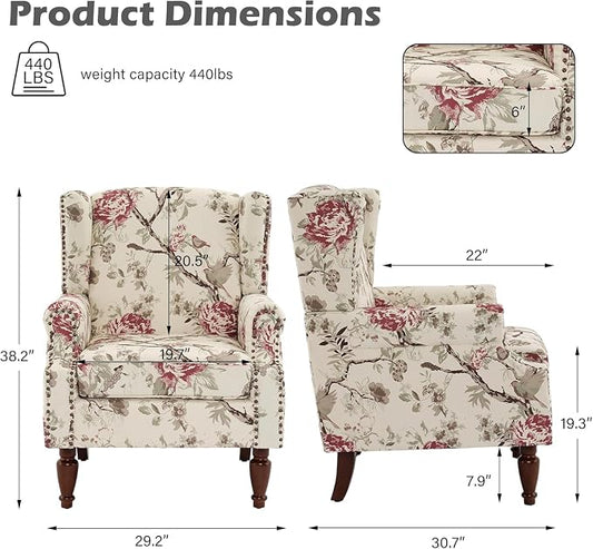 High Back Accent Chairs Set of 2, Floral Wingback Chair Fabric Upholstered Armchair for Living Room, Nailhead Trim Single Sofa Bedroom Reading Seat - Beige