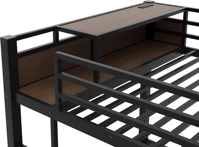 Bellemave Bunk Bed Full Over Full，Metal Bunk beds with Storage Shelves, LED Light Strip, and USB Power Strip, Upper Bed with Desk, Black