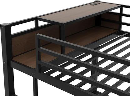Bellemave Bunk Bed Full Over Full，Metal Bunk beds with Storage Shelves, LED Light Strip, and USB Power Strip, Upper Bed with Desk, Black