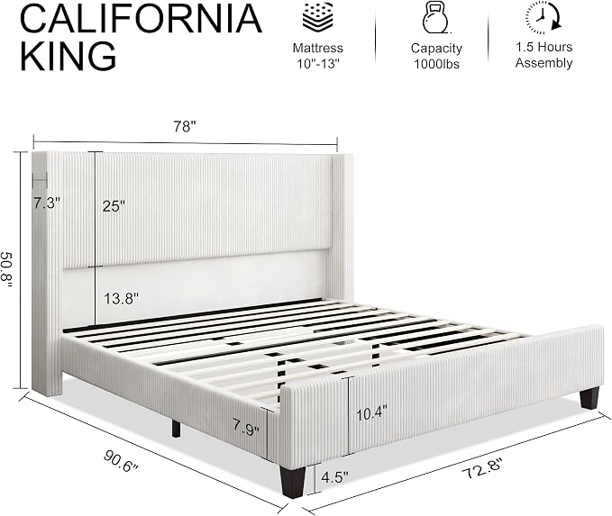 HOWE California King Size Bed Frame with Corduroy Wingback Headboard, White | Modern Upholstered Platform Bed, 50.8 Inch Tall Profile, Solid Wood Slats, No Box Spring Needed, Noise-Reducing Designrt