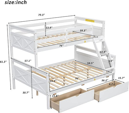 Merax Twin Over Full Bunk Bed with 2 Storage Drawers,Solid Wood Bunk Bed with Ladder and Safety Guardrail for Bedroom Kids Adults, Can be Separated into 2 Beds,White