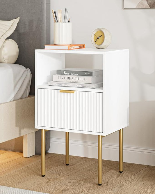 Masupu Night Stand, Mid-Century Bedside Table with Storage Drawer and Open Wood Shelf, Small Gold Frame Flueted Nightstand, Side Table for Bedroom, Living Room, White(Tall 25'')