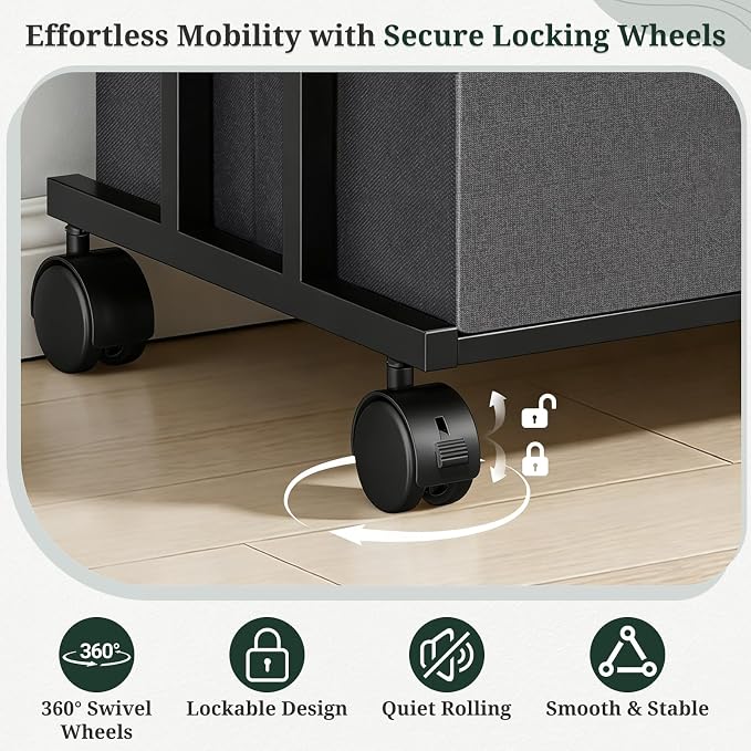 3 Drawers Dresser with Wheels, Storage Organizer with Removable Fabric Bins and Steel Frame, Small Nightstand Dresser for Bedroom, Office, Entryway, Ash Gray
