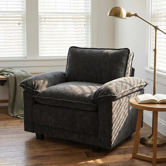 Modern Cloud Single Sofa, Comfy Chenille Couch for Living Room, Dark Gray | Cloud Couch，Comfortable Cushioning，Cozy Armrest Support，Modern Appearance，Easy Assembly, Sturdy Frame