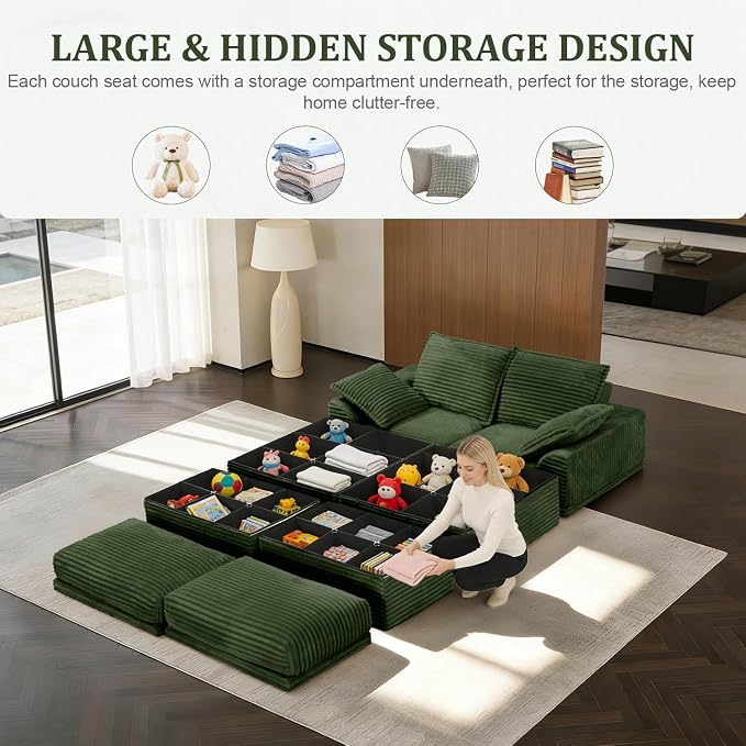 Upgrade Boneless Couch with Storage, Extra Deep&High Seat Modular Sectional Sofa 2 Seater Loveseat Sofa with Ottoman, Tool-Free Assembly Sectional Couches for Living Room Bedroom Apartment