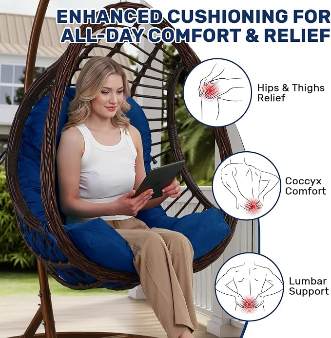 idee-home Egg Chair Cushion Replacement, Hanging Chair Cushion Outdoor | Cushions with Waterproof Cover for Wicker Patio Hammock Swing, Navy (Swing Not Included)