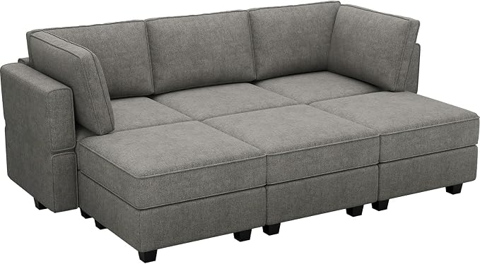 Belffin Terry Fabric Modular Sectional Sleeper Sofa Bed with Storage Convertible Sectional Couches for Living Room 6 Seaters Light Grey Modular Sofa