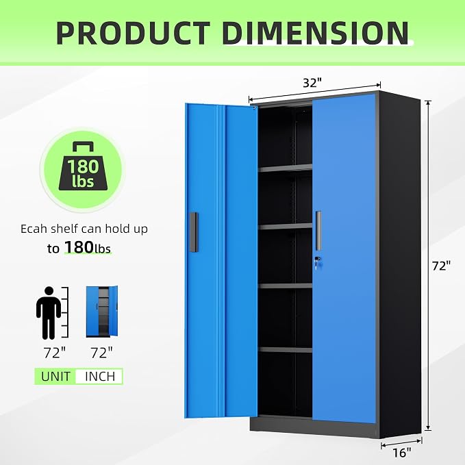 Bonusall 72" Metal Garage Storage Cabinet, 2 Locking Doors & 4 Adjustable Shelves Tall Storage, Heavy Duty Steel Tool Cabinet for Home, Office, Warehouse, School - Black Blue