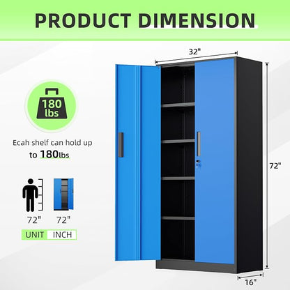 Bonusall 72" Metal Garage Storage Cabinet, 2 Locking Doors & 4 Adjustable Shelves Tall Storage, Heavy Duty Steel Tool Cabinet for Home, Office, Warehouse, School - Black Blue