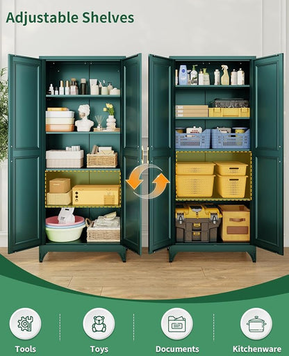 75" Tall Metal Storage Cabinet with 2 Doors and 4 Adjustable Shelves, Heavy Duty Steel Pantry Cabinet for Home Office, Kitchen, Garage and Laundry Room, Green