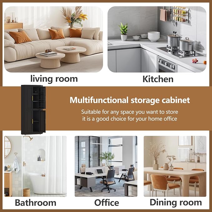 GAIOUS 63" Tall Metal Corner Kitchen Pantry Cabinet, Steel Storage Cabinets with 4 Doors and 3 Shelves, Kitchen Food Cabinets with 6 Door Panel Shelves, Farmhouse Cupboard for Kitchen Dining, Black