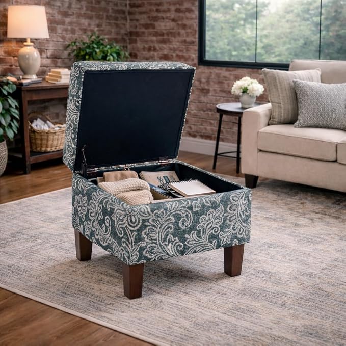 HomePop 22" Modern Rectangular Storage Ottoman - Blue Denim Jacobean Print