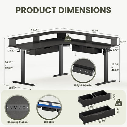 MALOL 59" L Shaped Electric Standing Desk with Drawers, Height Adjustable Desk with Power Outlets & LED Lights, Monitor Stand, Corner Computer Desk for Home Office, Black