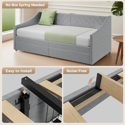 Twin Size Daybed with 2 Storage Drawers, Upholstered Daybed Frame with Charging Station, Heavy Duty Sofa Bed for Bedroom, Living Room, No Box Spring Needed,Easy Assembly