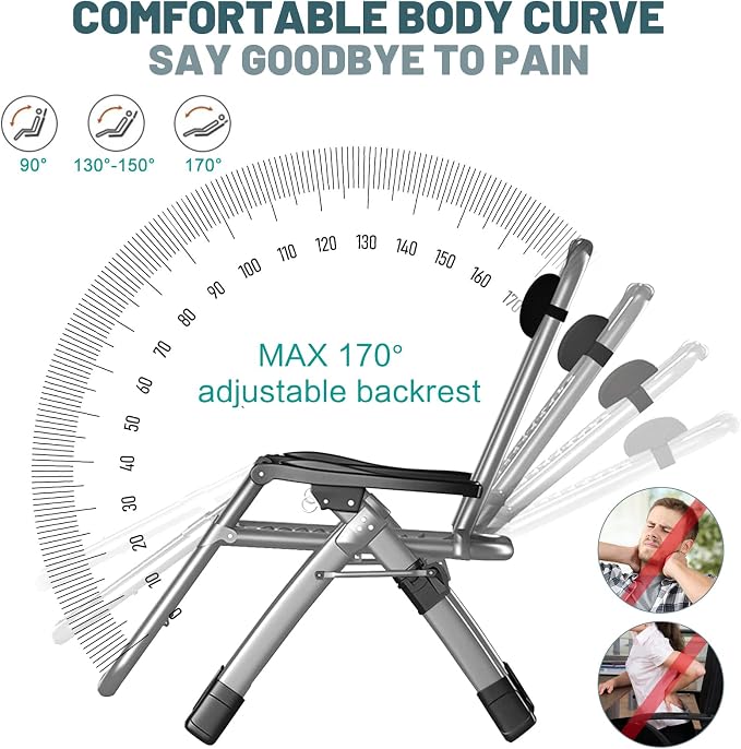 DoCred Zero Gravity Chair, Lawn Recliner, Reclining Patio Lounger Chair, Folding Portable Chaise with Detachable Soft Cushion, Cup Holder, Headrest