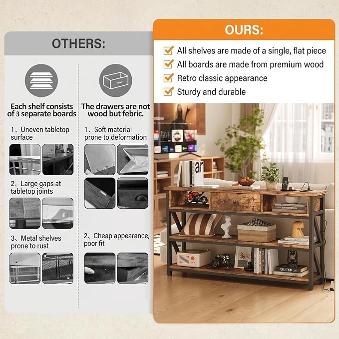 Mexin 47 Inch Console Table with 2 Outlet and 2 USB Ports, Entryway Table with Drawer and Storage Shelves, Narrow Sofa Table for Living Room and Hallway, Vintage Brown