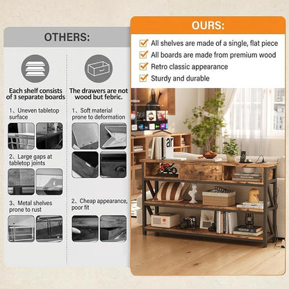 Mexin 47 Inch Console Table with 2 Outlet and 2 USB Ports, Entryway Table with Drawer and Storage Shelves, Narrow Sofa Table for Living Room and Hallway, Vintage Brown