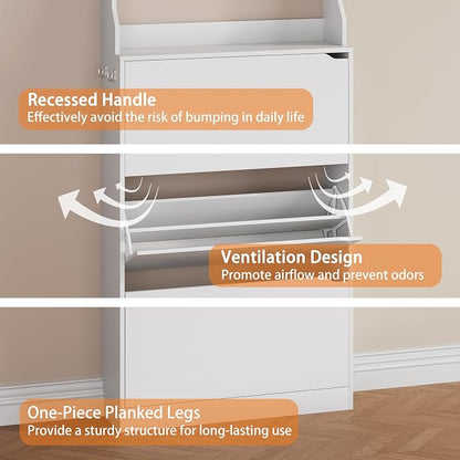 Shoe Storage Cabinet, Wood Shoe Organizer for Entryway with 3 Flip Drawers, Freestanding Shoe Rack with Adjustable Shelf, Narrow Shoe Dresser for Front Door Entrance (White, Tall 3 Drawers)